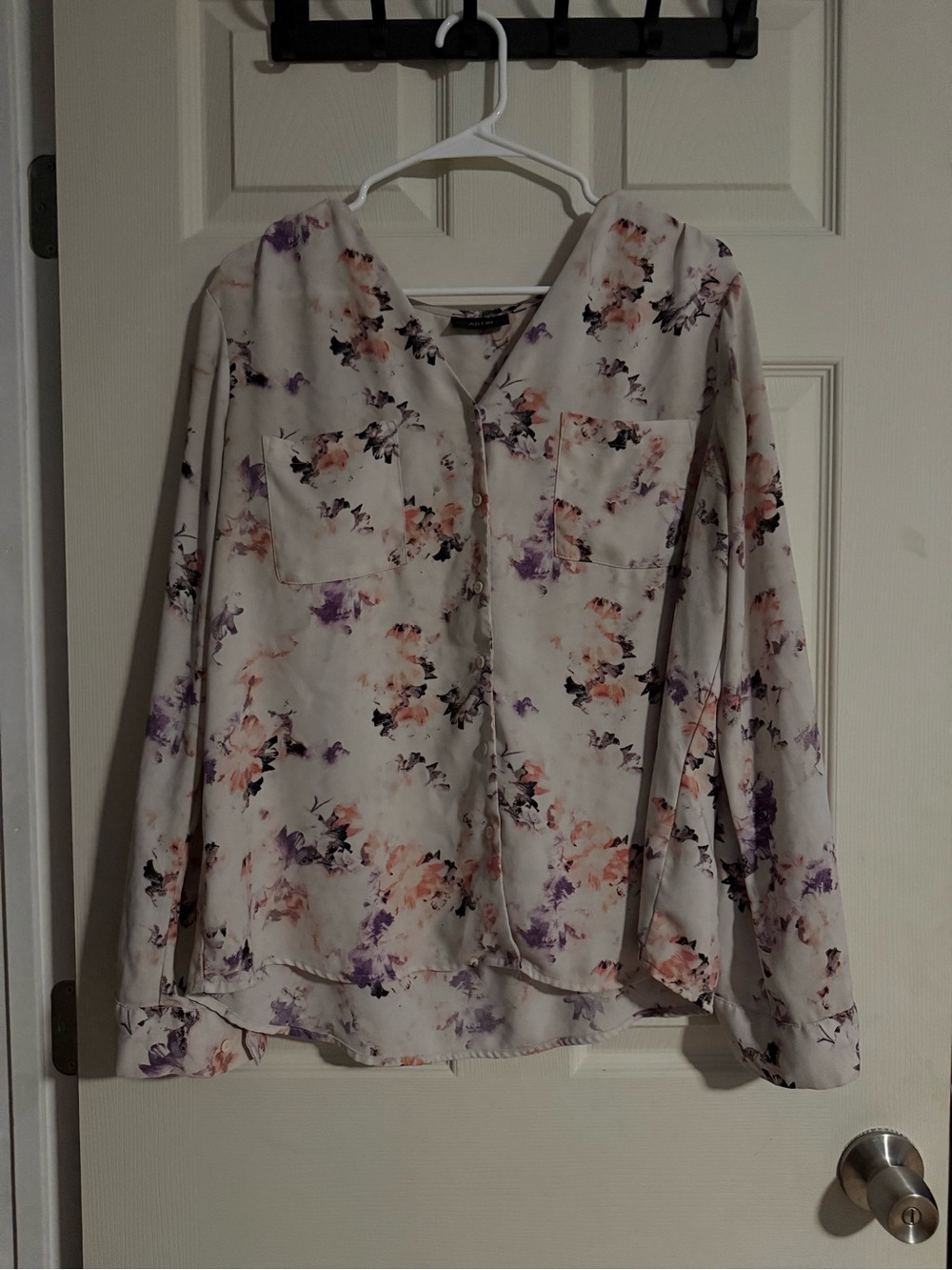 Floral V-Neck Long Sleeve Top - Light Cream with Purple & Pink Print